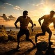 Men training on the beach at sunrise